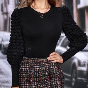 Solid Shirred Puff Sleeve LS Tee